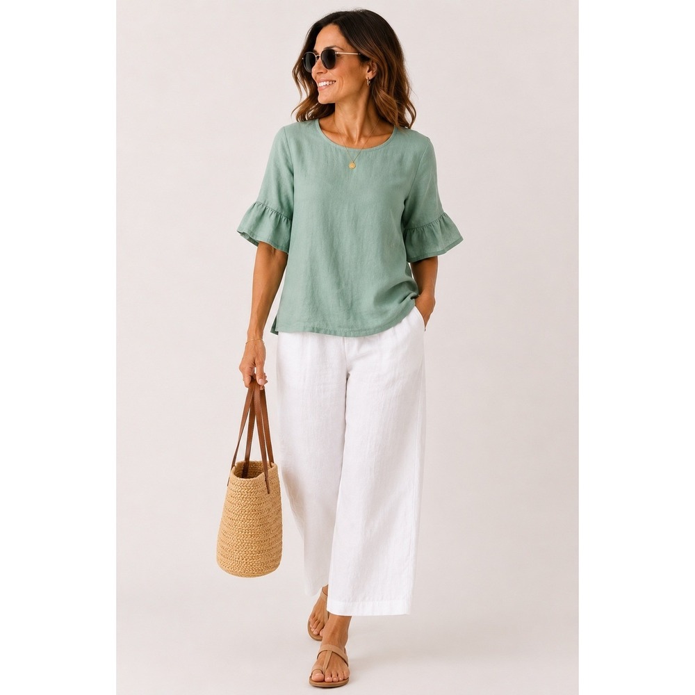 Terzo Millennio Made In Italy 100% Linen Sage Top L Coastal Grandma Quiet Luxury
